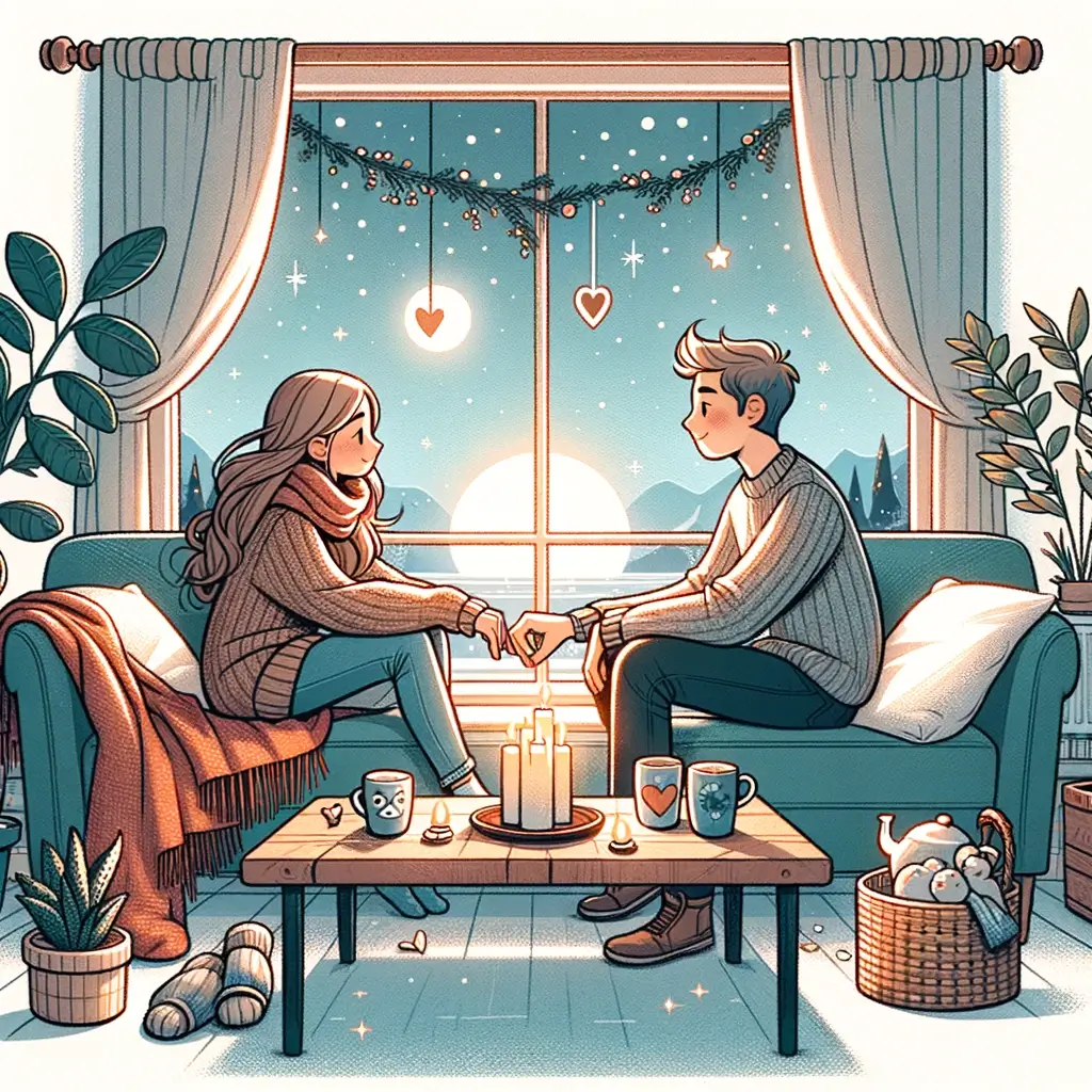 Een liefdevol stel zit samen op een bank met een kopje koffie in een gezellige kamer.
